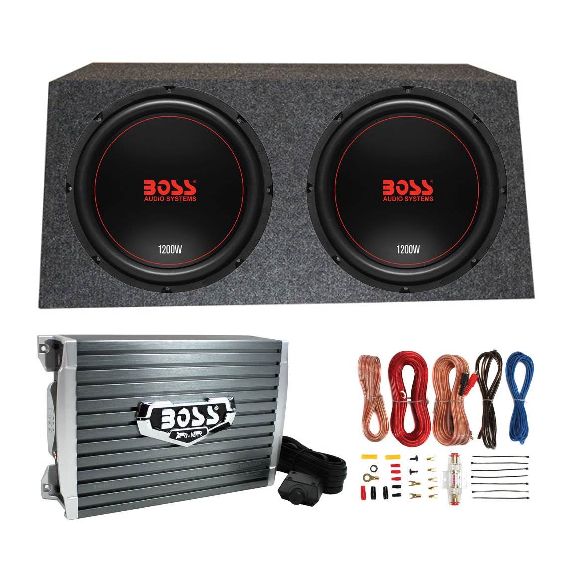 Boss Chaos Extreme 12" 1200W 4 Ohm Subwoofer (Pair) w/ Box, Amplifier & Wiring