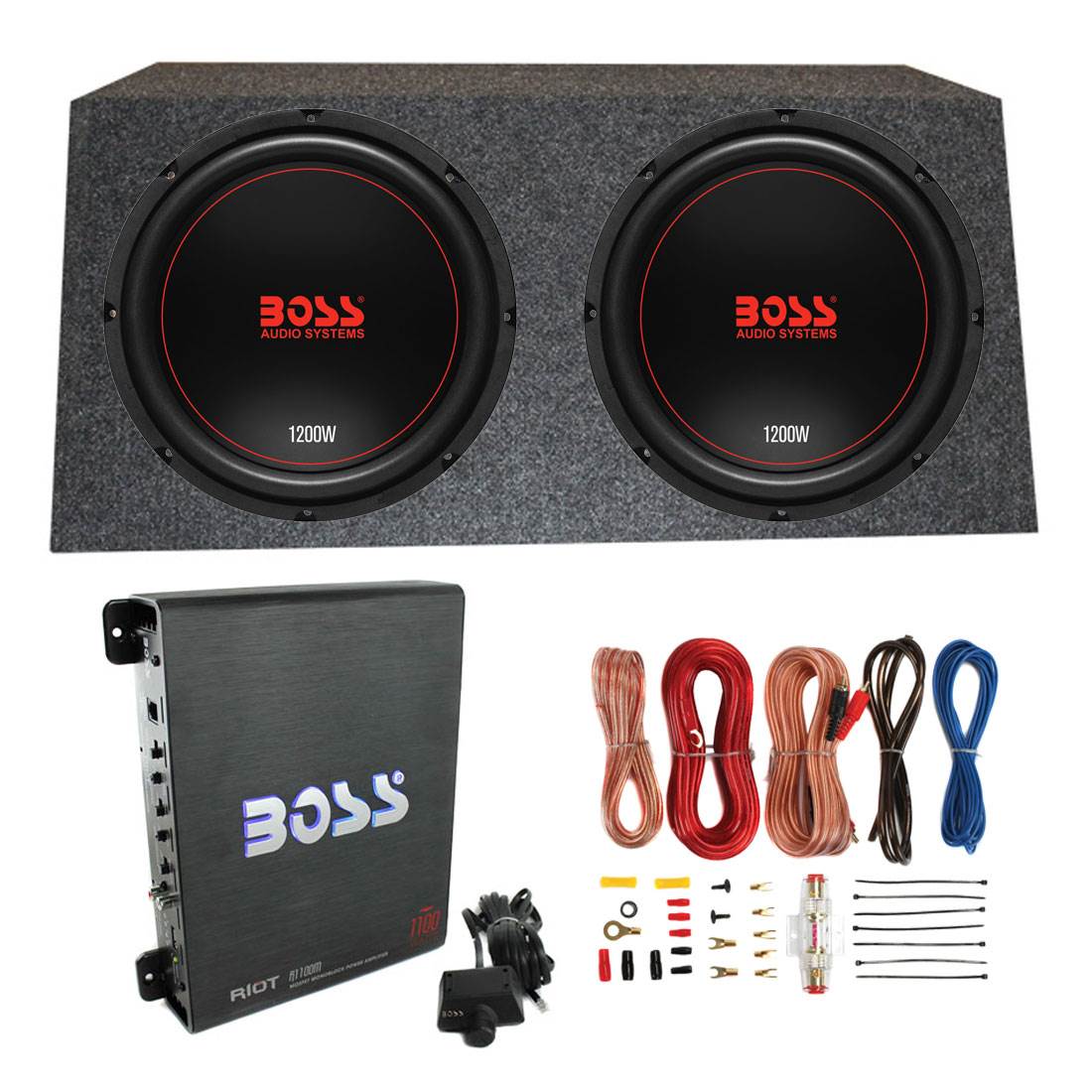 Boss Chaos Exxtreme 12" 1200W 4 Ohm Subwoofer (Pair) w/ Box, Mono Amp & Wiring