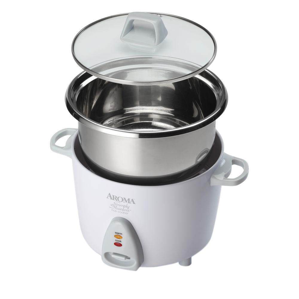 Aroma 6 Cup Cooked Simply Stainless Nonstick Rice Cooker Pot, White (Open Box)