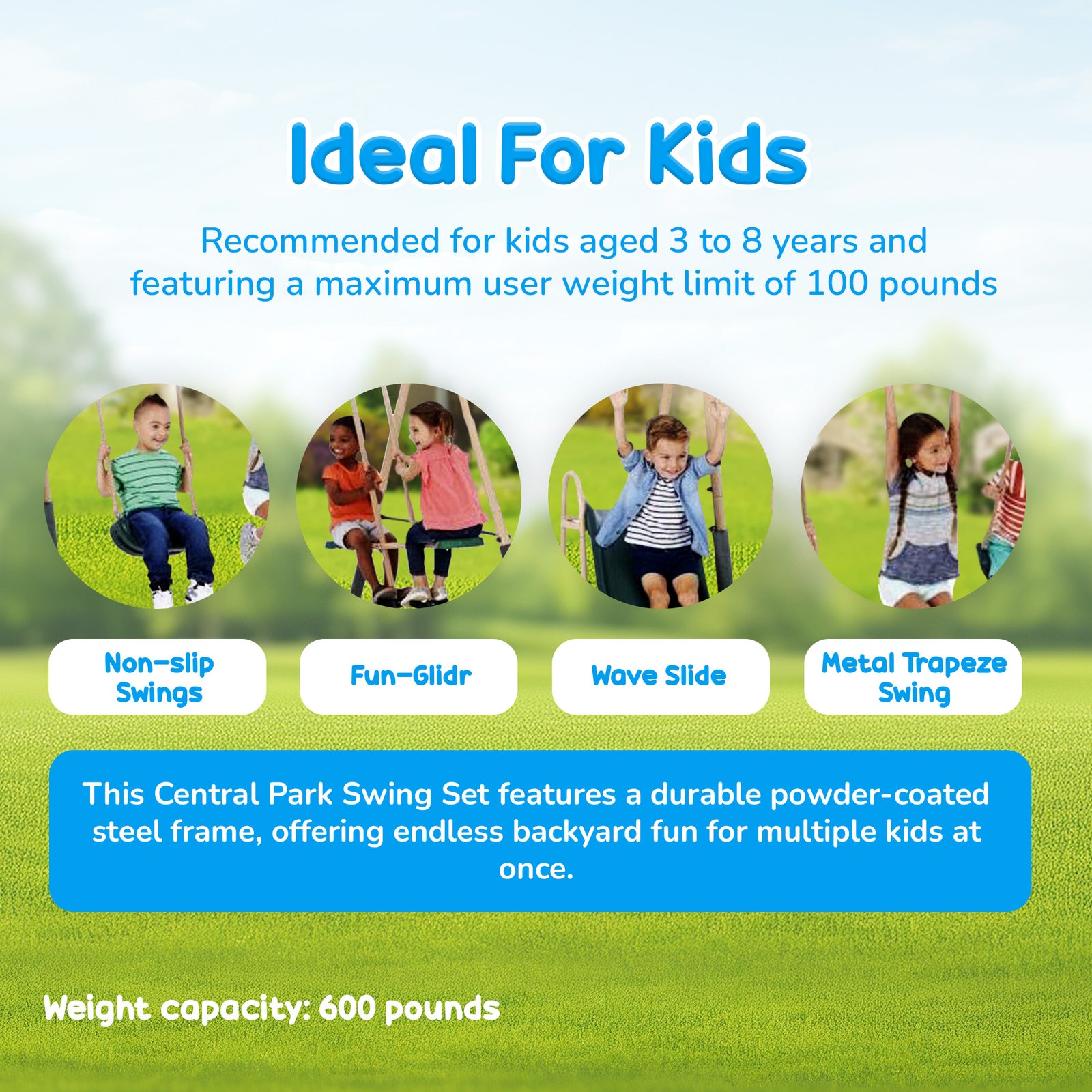 XDP Recreation Outdoor Central Park Swing Set w/ Slide, Glider, & Trapeze, Green - VMInnovations