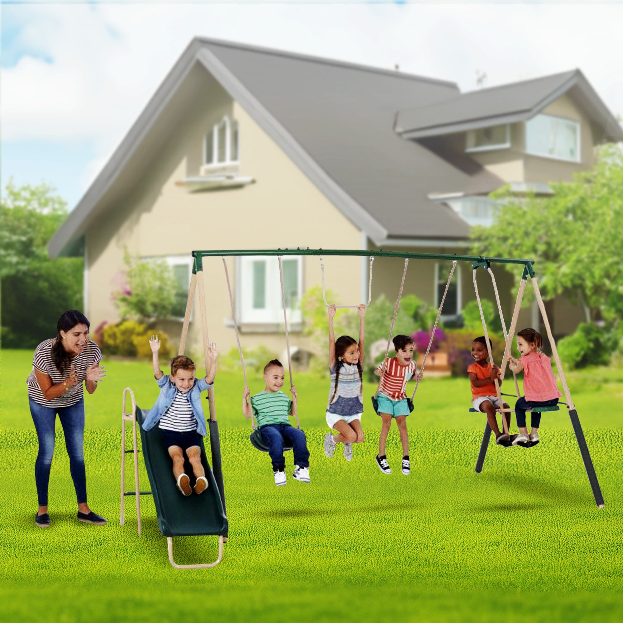 XDP Recreation Childrens Playground Metal Structure Swing Set, Slide (Open Box) - VMInnovations