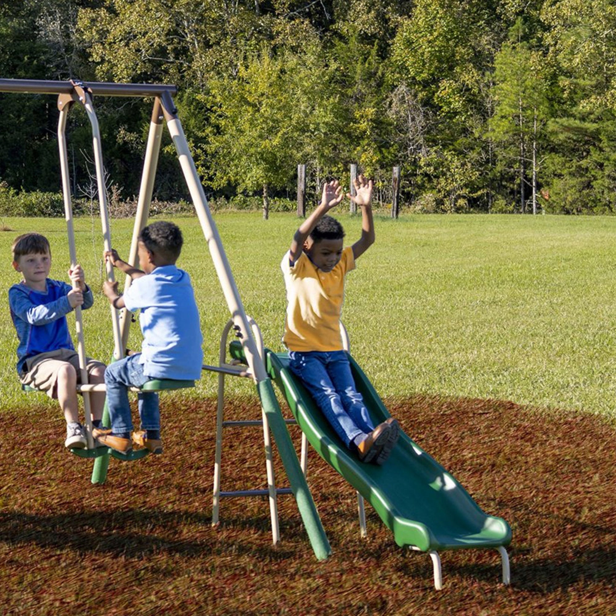 XDP Recreation Crestview Outdoor Swing Set w/ Slide, Glider, 3 Swings, & See Saw - VMInnovations