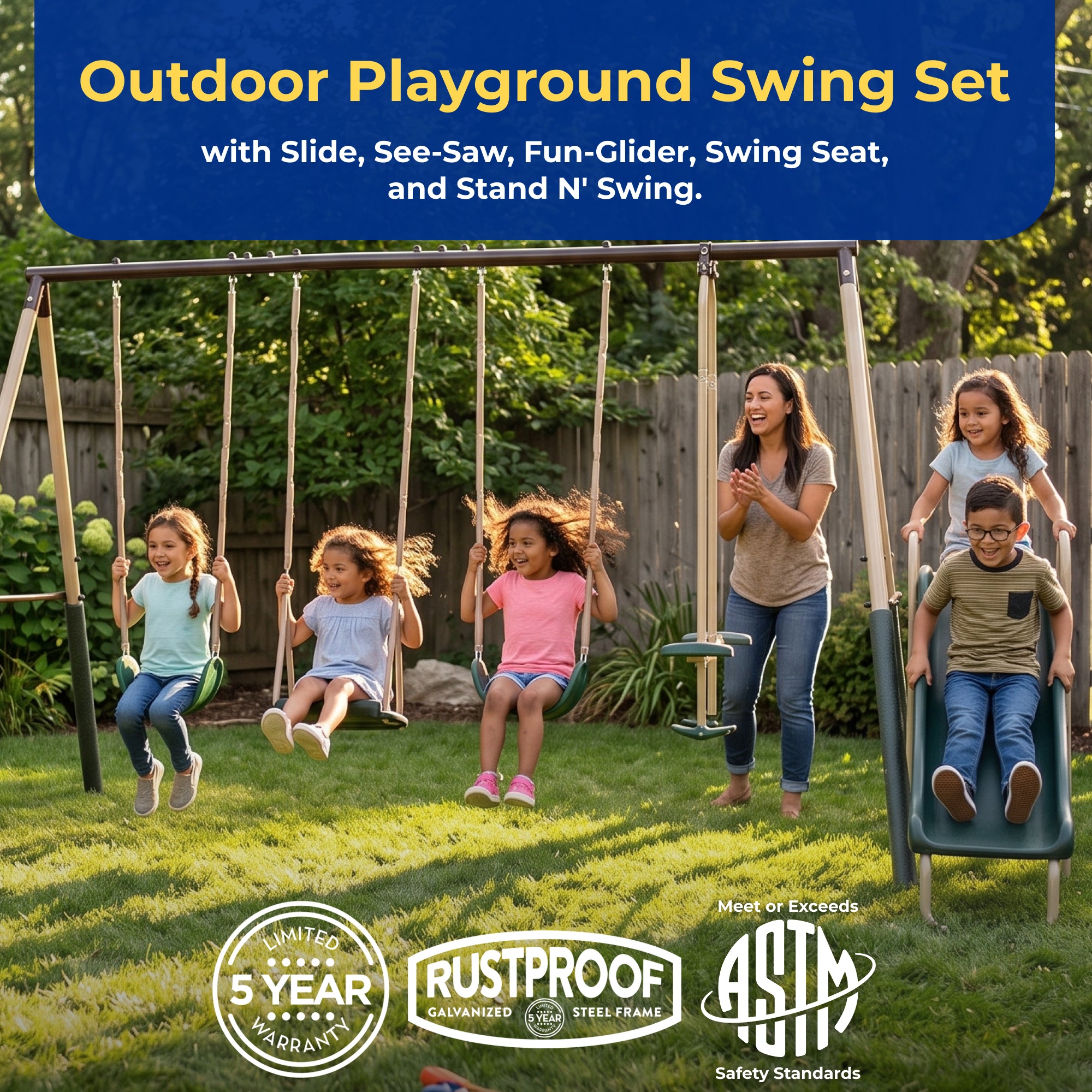 XDP Recreation Crestview Outdoor Swing Set w/ Slide, Glider, 3 Swings, & See Saw
