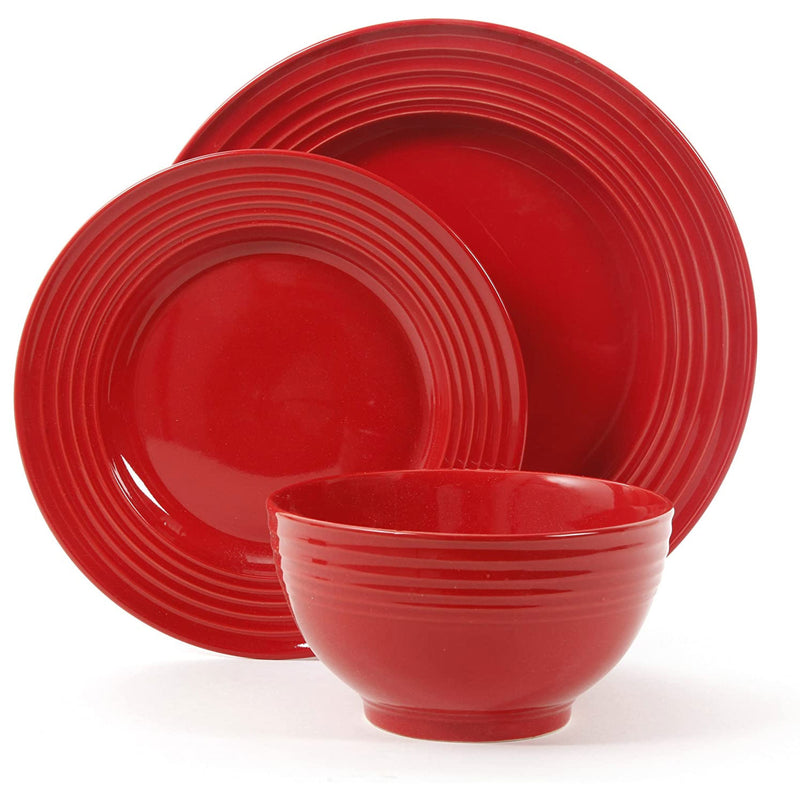 Gibson Home Plaza Cafe 12 Piece Stoneware 4 Person Dinnerware Serving Set, Red