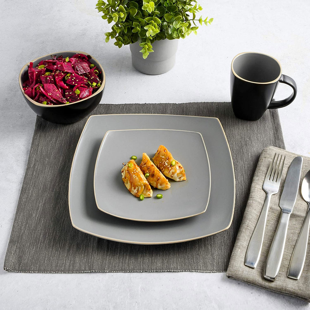Gibson Elite Soho Lounge 16 Piece Plates, Bowls, & Mugs Dinnerware Set, Gray - VMInnovations