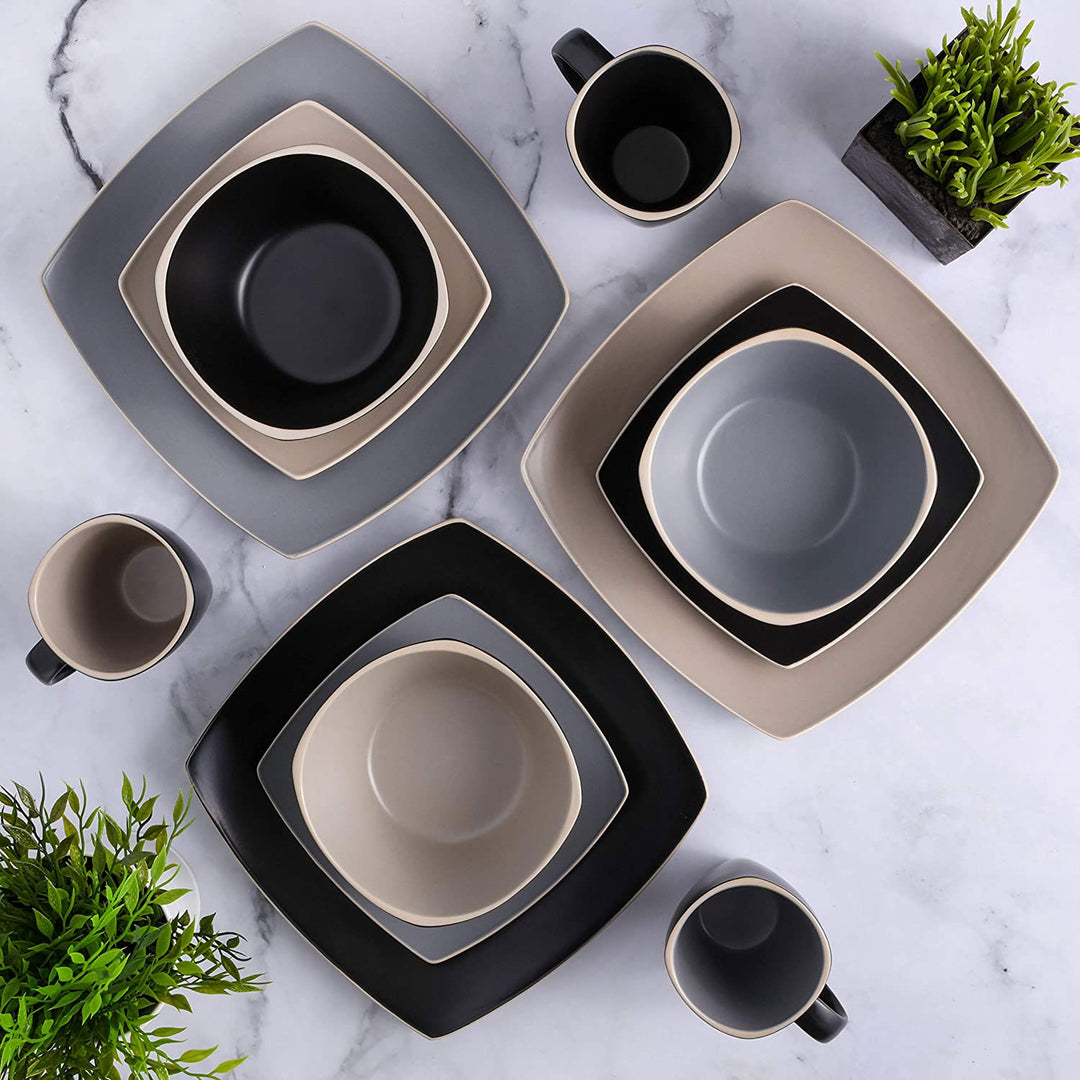 Gibson Elite Soho Lounge 16 Piece Plates, Bowls, & Mugs Dinnerware Set, Gray - VMInnovations