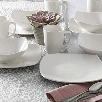 Gibson Porcelain Zen Buffet 16 Piece Square Dinnerware Set, White (Open Box)