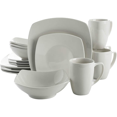 Gibson Porcelain Zen Buffet 16 Piece Square Dinnerware Set, White (Open Box)