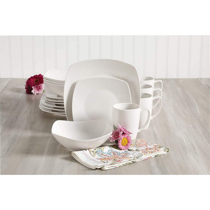 Gibson Porcelain Zen Buffet 16 Piece Square Dinnerware Set, White (Open Box) - VMInnovations