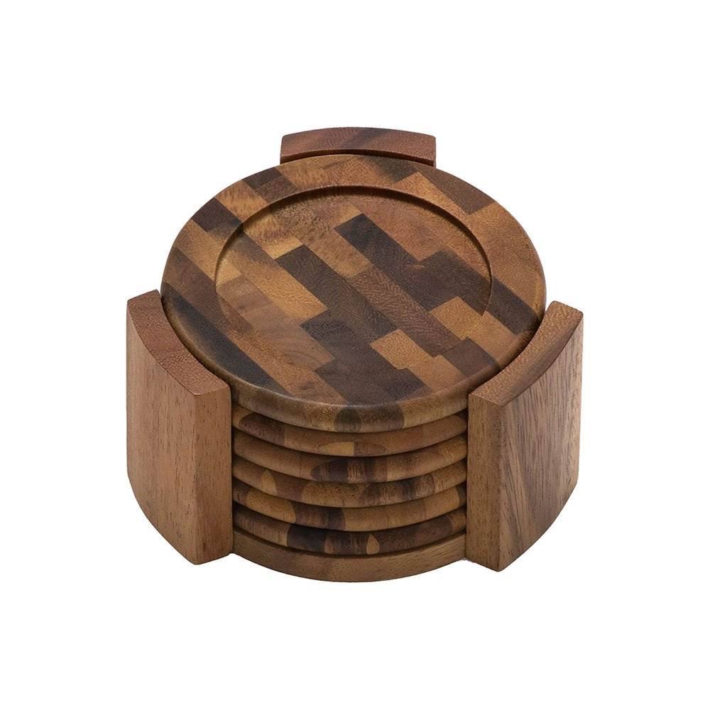 Lipper International Acacia Wood End Grain 7 Piece Coaster Set w/ Holder, Brown