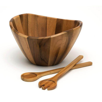 Lipper International 11742 Acacia Wood 12 Inch Wavy Rim Bowl with Salad Servers