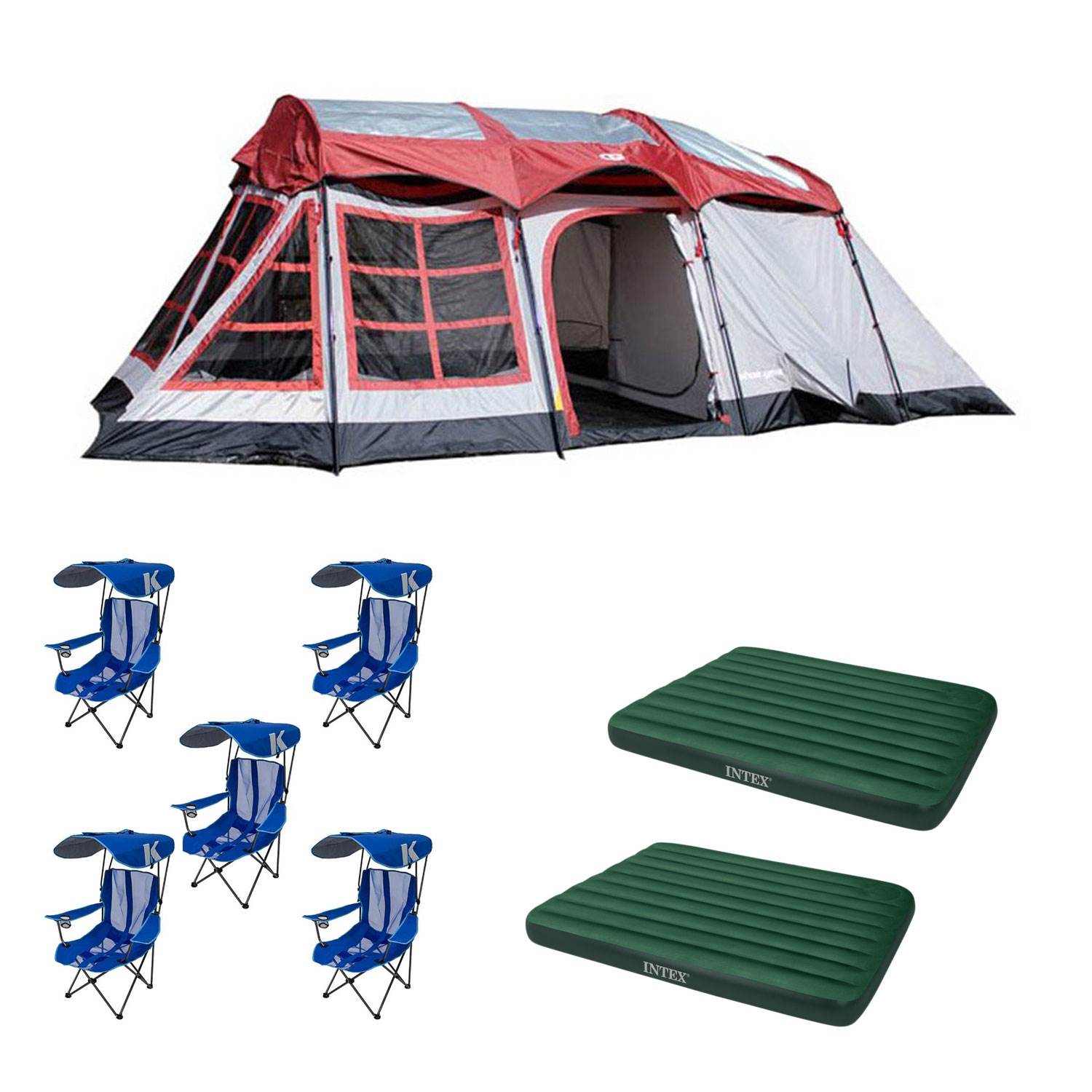 Tahoe Gear Glacier Tent + Kelsyus Lawn Chair (5 Pack) + Intex Mattress (2 Pack) - VMInnovations