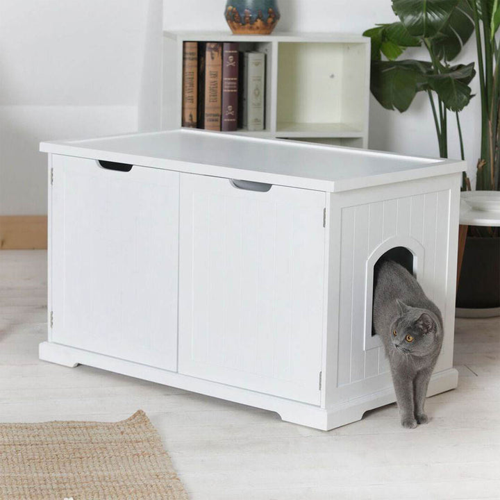 Merry Products Pet Cat Washroom Bench Box with Removable Partition Wall, White