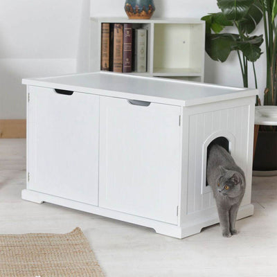 Merry Products Pet Cat Washroom Bench Box with Removable Partition Wall, White + Merry Products Decorative Pet Cage w/ Protection Box End Table, Large, Brown