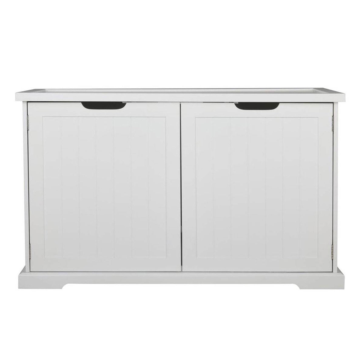 Merry Products Pet Cat Washroom Bench Box with Removable Partition Wall, White + Zoovilla Pet Feeder Large Storage Bin with Hidden Elevated Dog Bowl Stand, Black