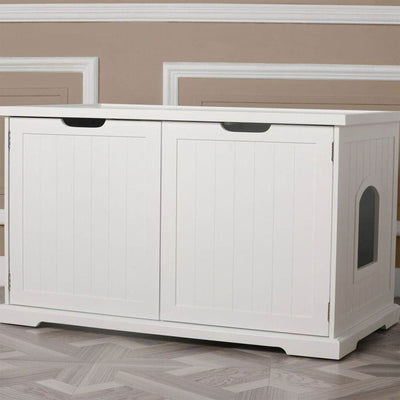 Merry Products Pet Cat Washroom Bench Box with Removable Partition Wall, White