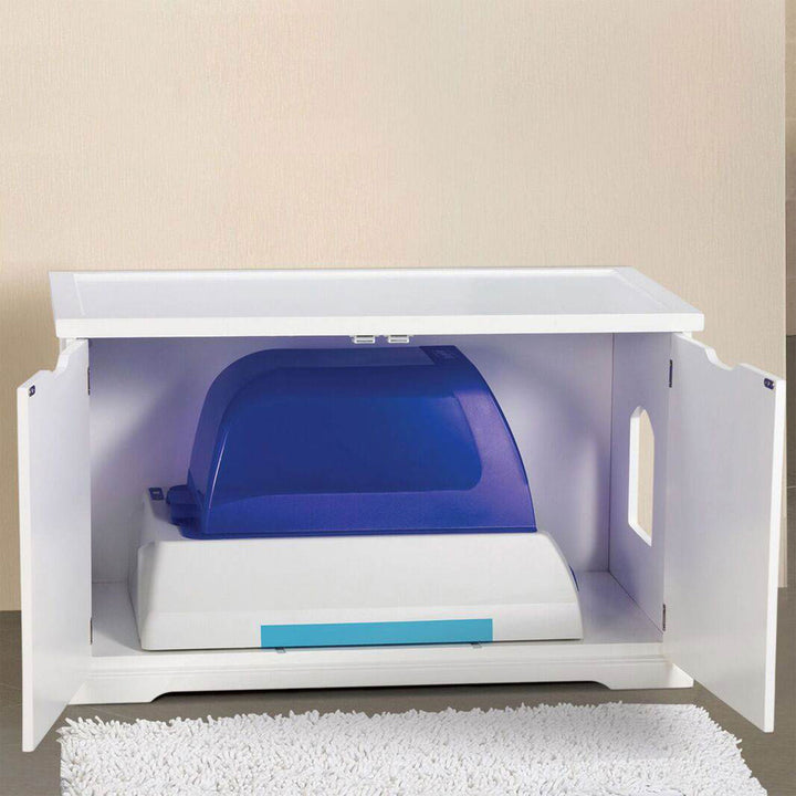 Merry Products Pet Cat Washroom Bench Box with Removable Partition Wall, White