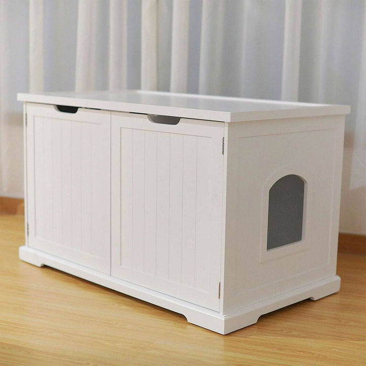 Merry Products Pet Cat Washroom Bench Box with Removable Partition Wall, White