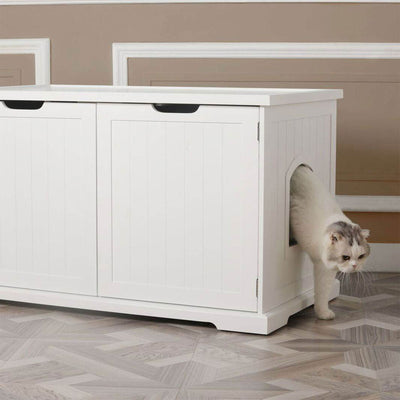 Merry Products Pet Cat Washroom Bench Box with Removable Partition Wall, White