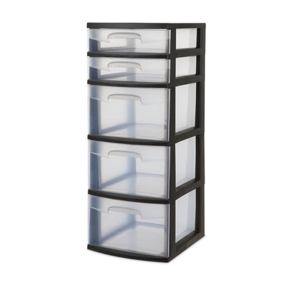 Sterilite 5 Drawer Tower Plastic Home Storage Organizer, Black (Open Box)