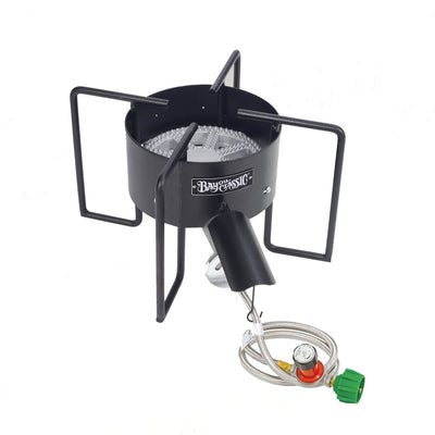Bayou Classic Cast Iron Banjo Propane Burner 22 Inch Cooker with Hose Guard