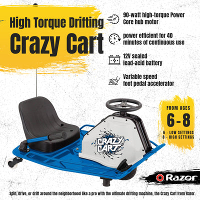 Razor Electric Bucket Seat High Torque Motor Drifting Crazy Cart, Blue (Used)