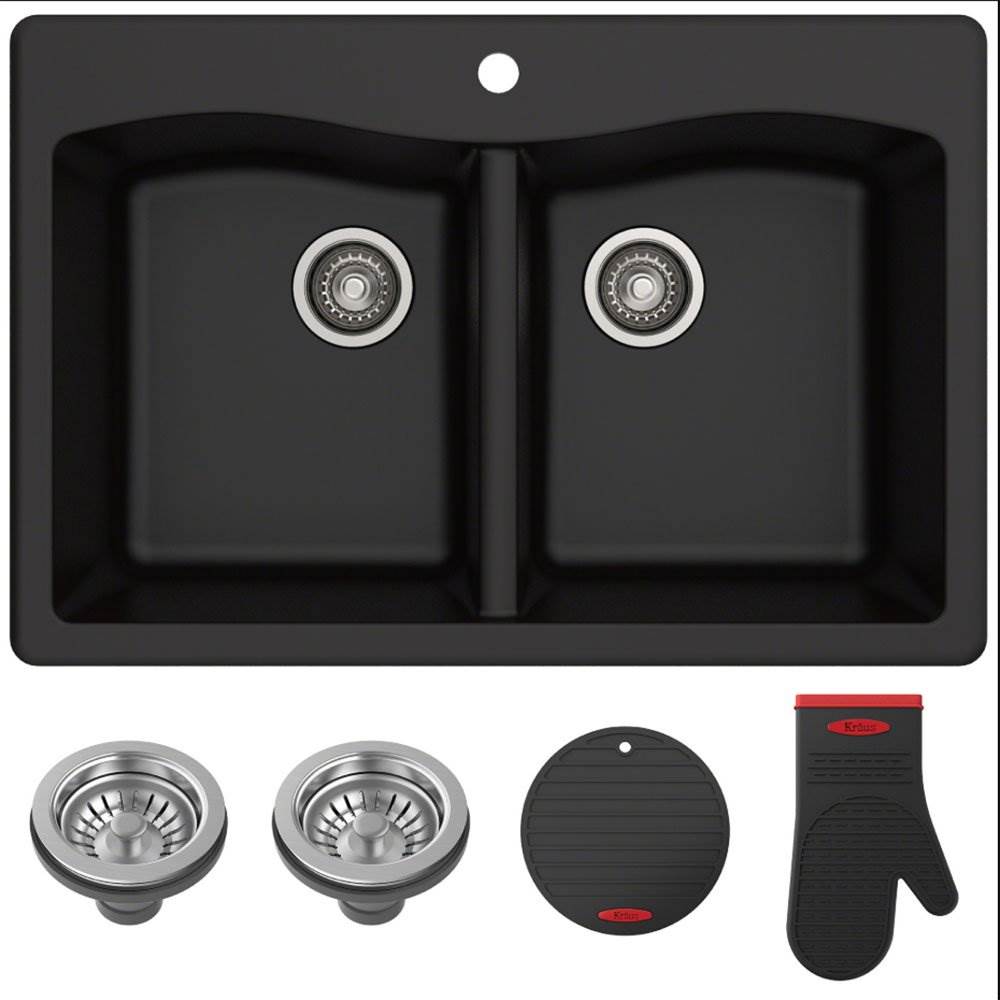 Kraus Forteza 33 Inch Dual Mount 50/50 Double Bowl Granite Sink,Black (Open Box)