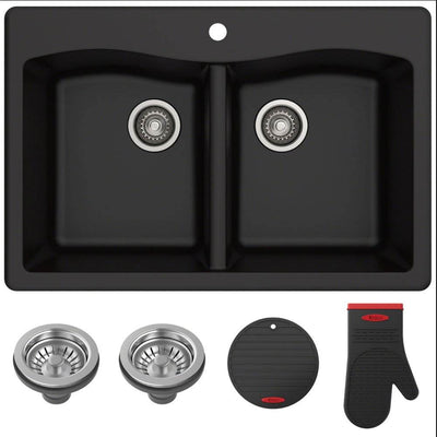 Kraus Forteza 33 Inch Dual Mount 50/50 Double Bowl Granite Sink,Black (Open Box)