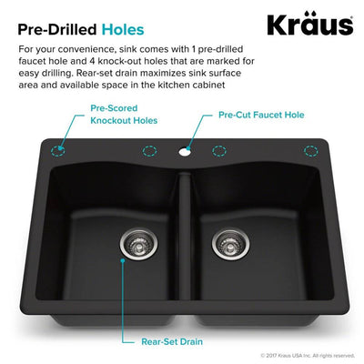 Kraus Forteza 33 Inch Dual Mount 50/50 Double Bowl Granite Sink,Black (Open Box)