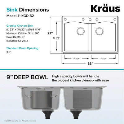 Kraus Forteza 33 Inch Dual Mount 50/50 Double Bowl Granite Sink,Black (Open Box)