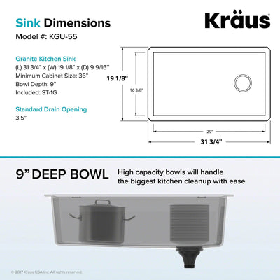 Kraus Forteza 32" Deep Single Bowl Granite Kitchen Sink, Grey (Used)