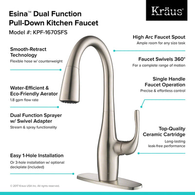 Kraus Esina Single Handle Pull Down Stainless Steel Dual Function Faucet, Silver
