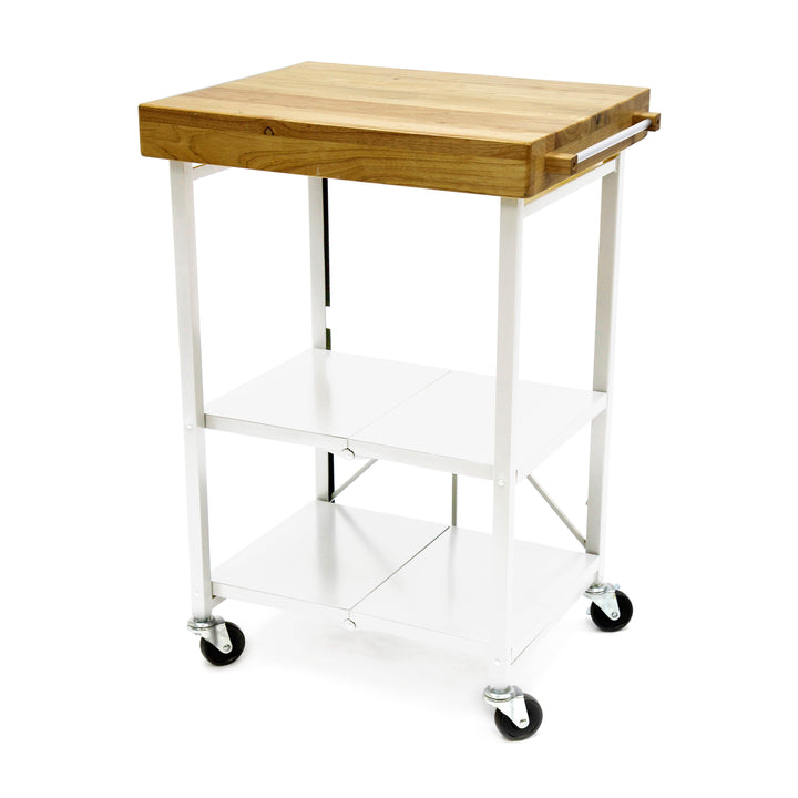 Origami Foldable Wheeled Solid Wood Top Kitchen Island Bar Cart, White(Open Box)