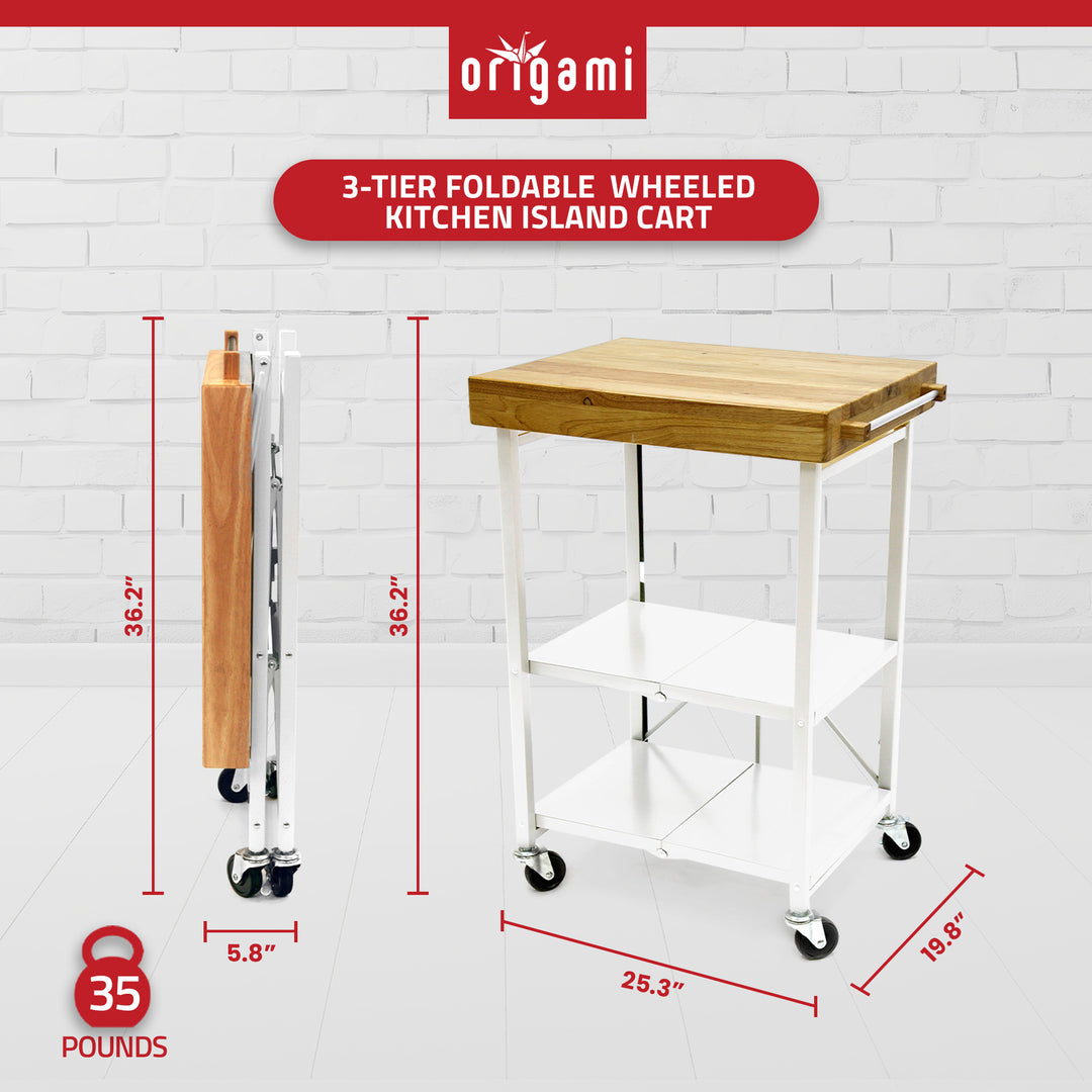 Origami Foldable Wheeled Portable Solid Wood Top Kitchen Island Bar Cart, White