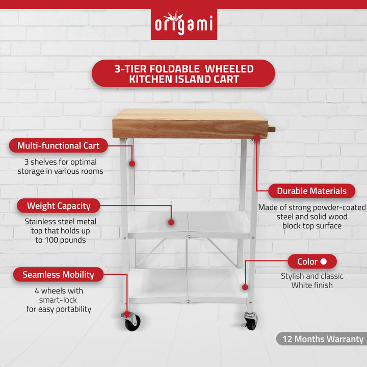 Origami RBT Fully Stainless Steel Foldable Kitchen Cart with 4 Wheels, White - VMInnovations