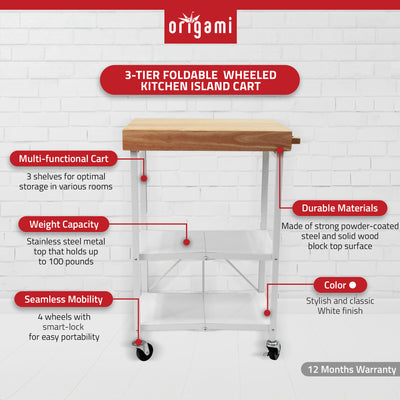 Origami Foldable Wheeled Solid Wood Top Kitchen Island Bar Cart, White (Used) - VMInnovations