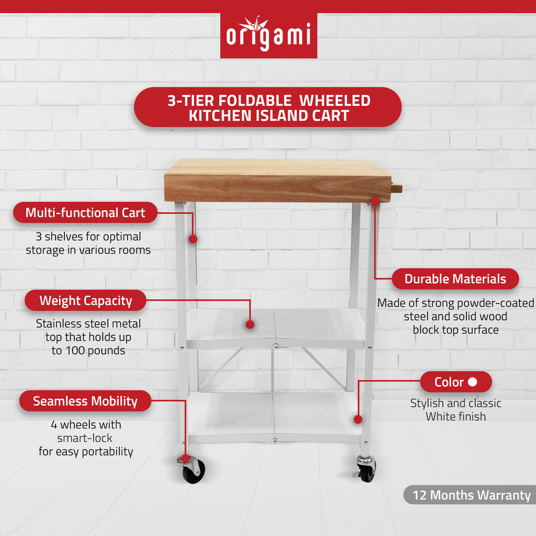 Origami RBT Fully Stainless Steel Foldable Kitchen Cart w/4 Wheels, White (Used)