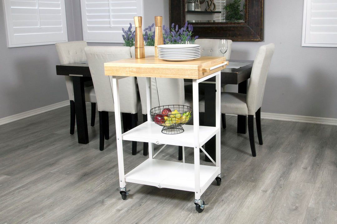 Origami Foldable Wheeled Portable Solid Wood Top Kitchen Island Bar Cart, White