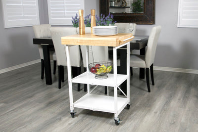 Origami Foldable Wheeled Solid Wood Top Kitchen Island Bar Cart, White(Open Box)