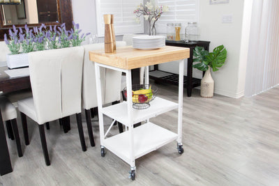 Origami Foldable Wheeled Portable Solid Wood Top Kitchen Island Bar Cart, White - VMInnovations