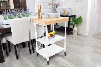 Origami Foldable Wheeled Portable Solid Wood Top Kitchen Island Bar Cart, White