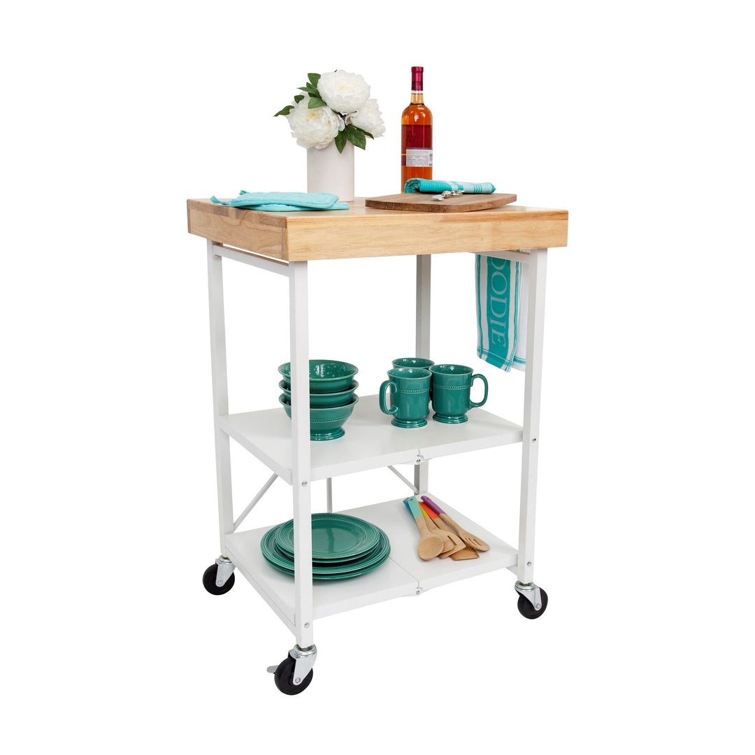 Origami Foldable Wheeled Solid Wood Top Kitchen Bar Cart, White (For Parts)