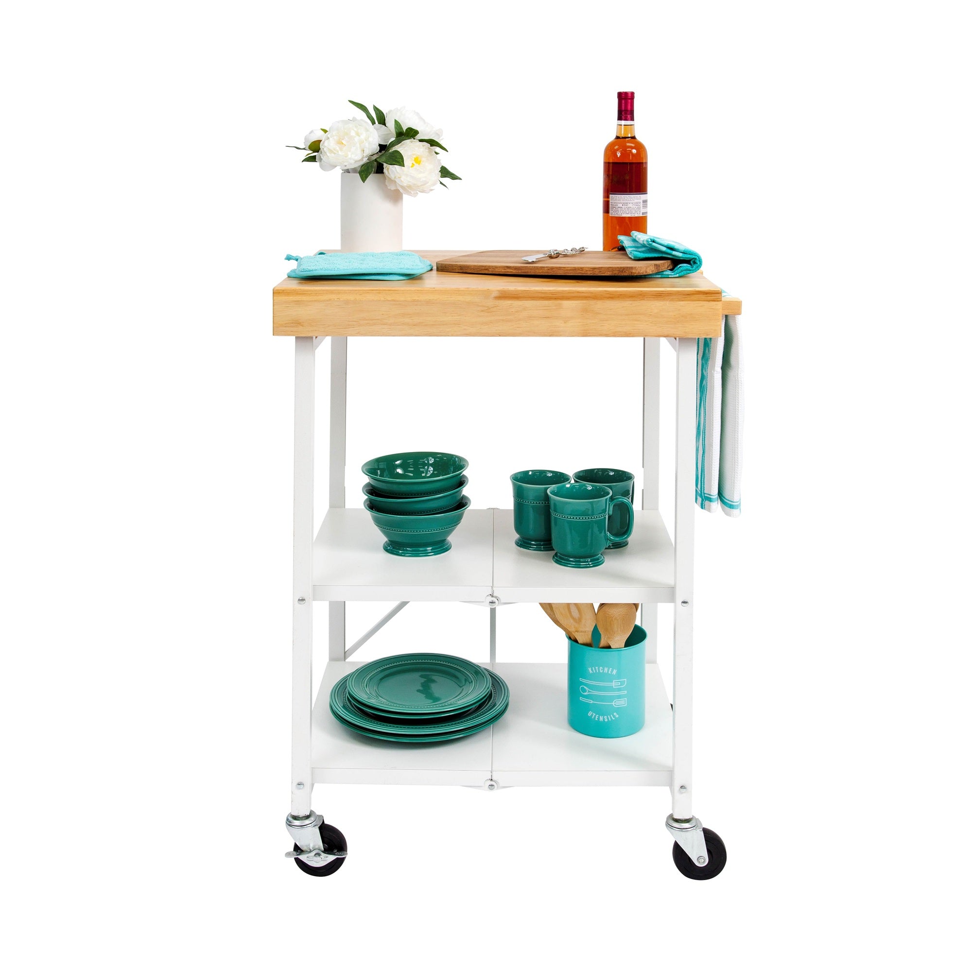 Origami Foldable Wheeled Solid Wood Top Kitchen Bar Cart, White (For Parts) - VMInnovations