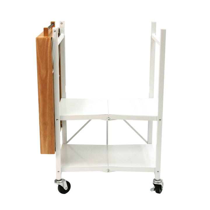 Origami Foldable Wheeled Portable Solid Wood Top Kitchen Island Bar Cart, White