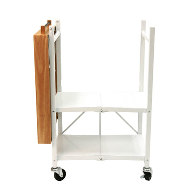 Origami Foldable Wheeled Portable Solid Wood Top Kitchen Island Bar Cart, White