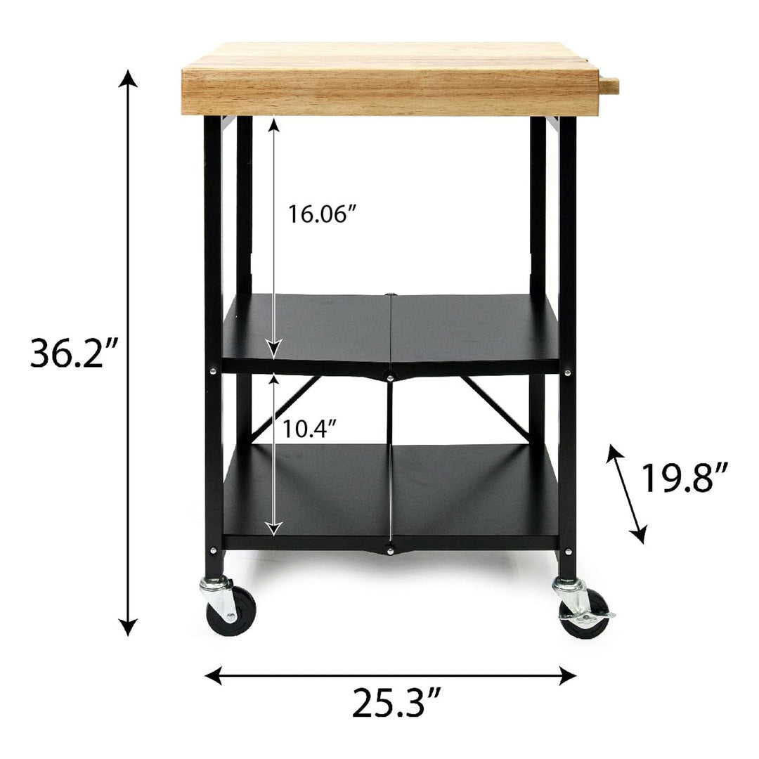 Origami Foldable Wheeled Solid Wood Top Kitchen Island Bar Cart, Black (Used)