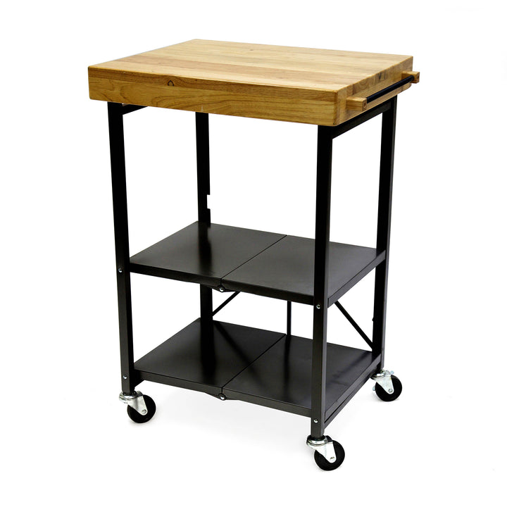 Origami Foldable Wheeled Solid Wood Top Kitchen Island Bar Cart, Black (Used)