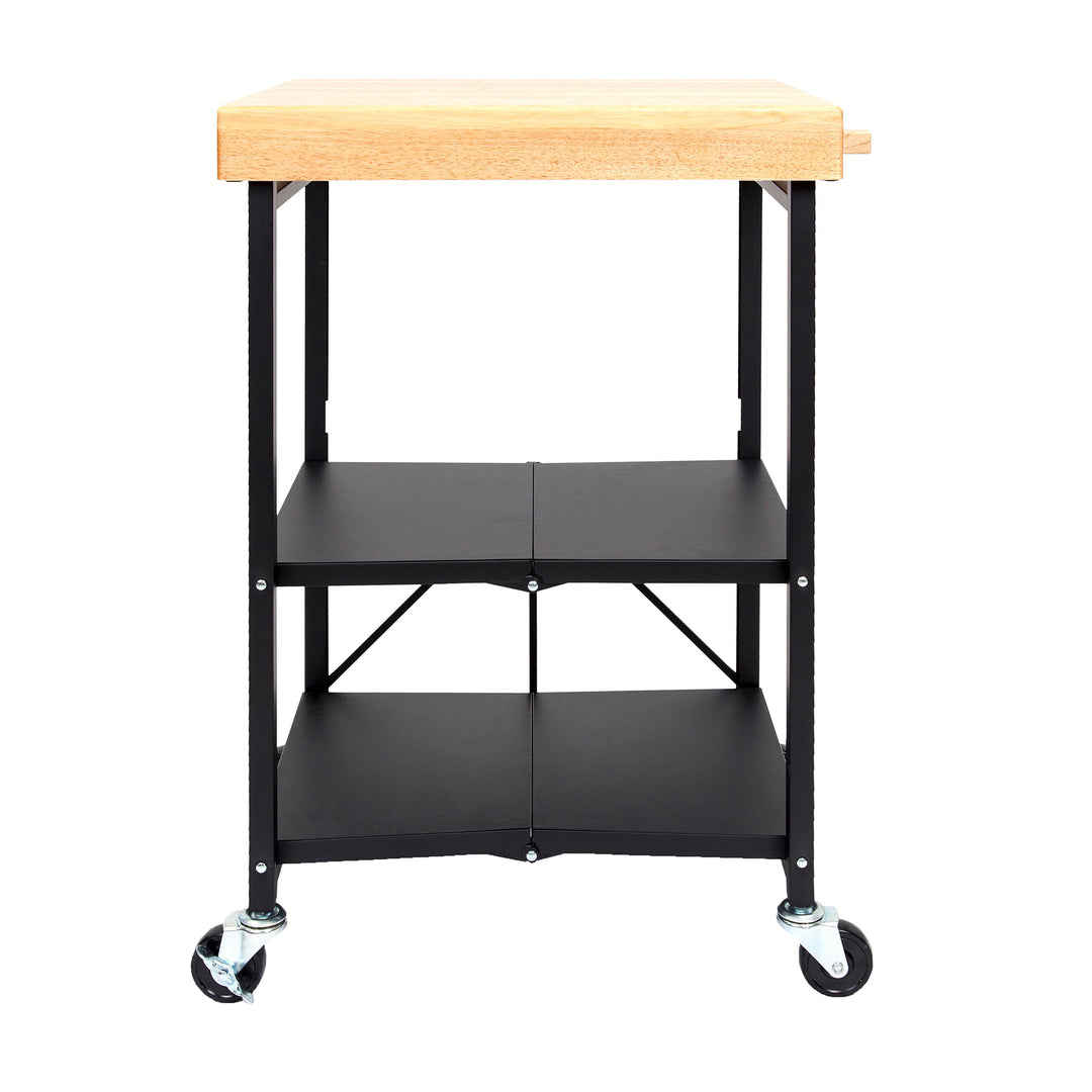 Origami Foldable Wheeled Solid Wood Top Kitchen Island Bar Cart, Black (Used)