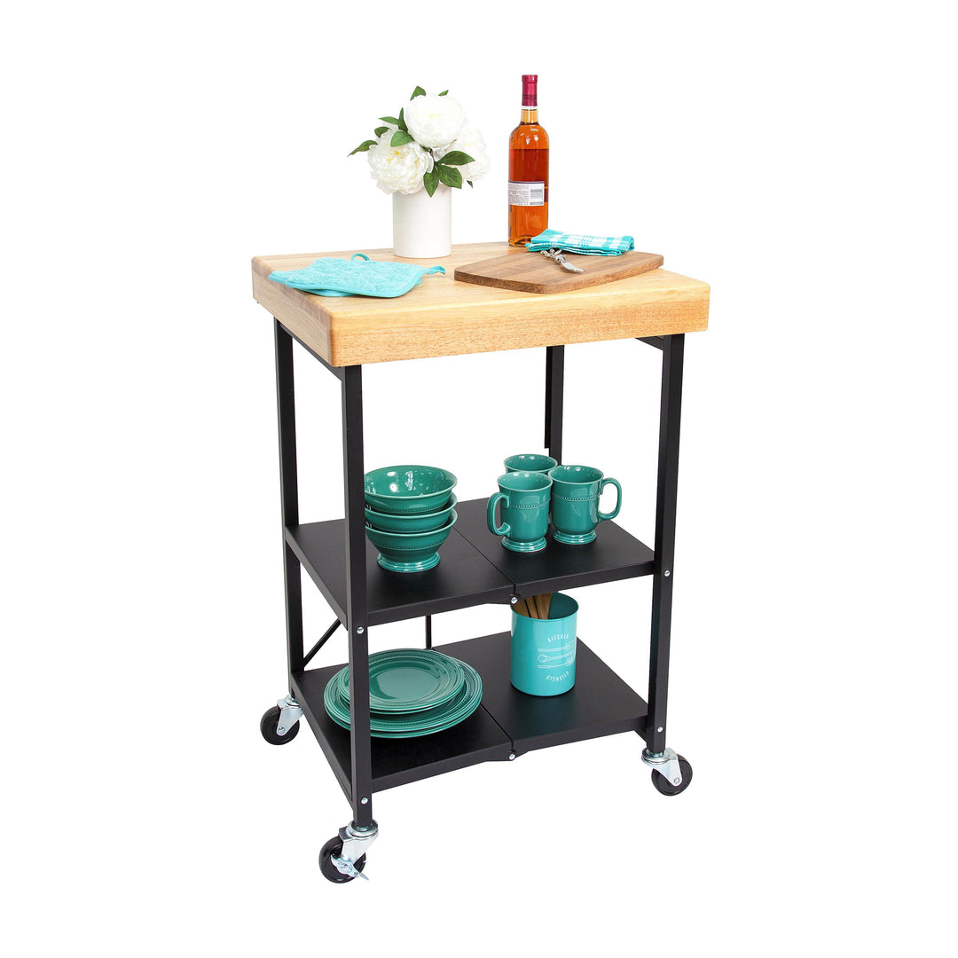Origami Foldable Wheeled Portable Solid Wood Top Kitchen Island Bar Cart, Black