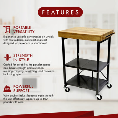Origami Foldable Wheeled Portable Solid Wood Top Kitchen Island Bar Cart, Black